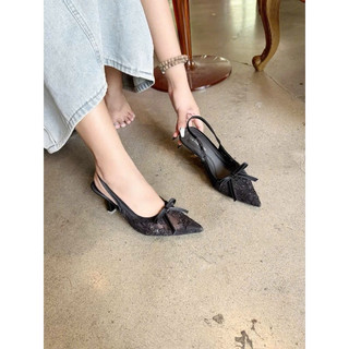 Giày sandal hở gót 9 phân REN THÊU gắn nơ xinh