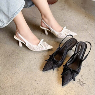 Giày sandal hở gót 9 phân REN THÊU gắn nơ xinh