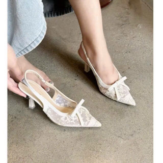 Giày sandal hở gót 9 phân REN THÊU gắn nơ xinh