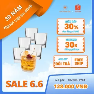 Bộ 6 cốc dáng vuông thấp thủy tinh LOTUS GLASS VTC234 trong suốt cao cấp, an toàn, dùng để uống nước, trà đá, cafe