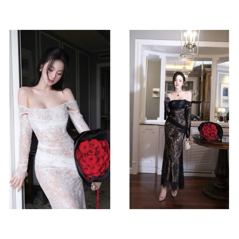 Đầm ren thiết kế trễ vai nhún hông dáng đui cá slay