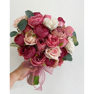 Bó hoa cưới cầm tay cô dâu hoa lụa mẫu đơn và Hồng nụ H1276