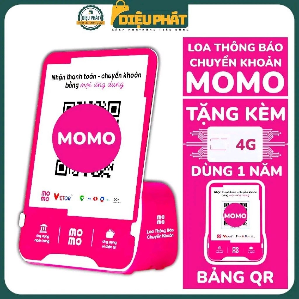 Loa Thông Báo Chuyển Khoản MOMO + Thẻ Sim 4G 1 Năm + Bảng Mã QR + Sạc ...
