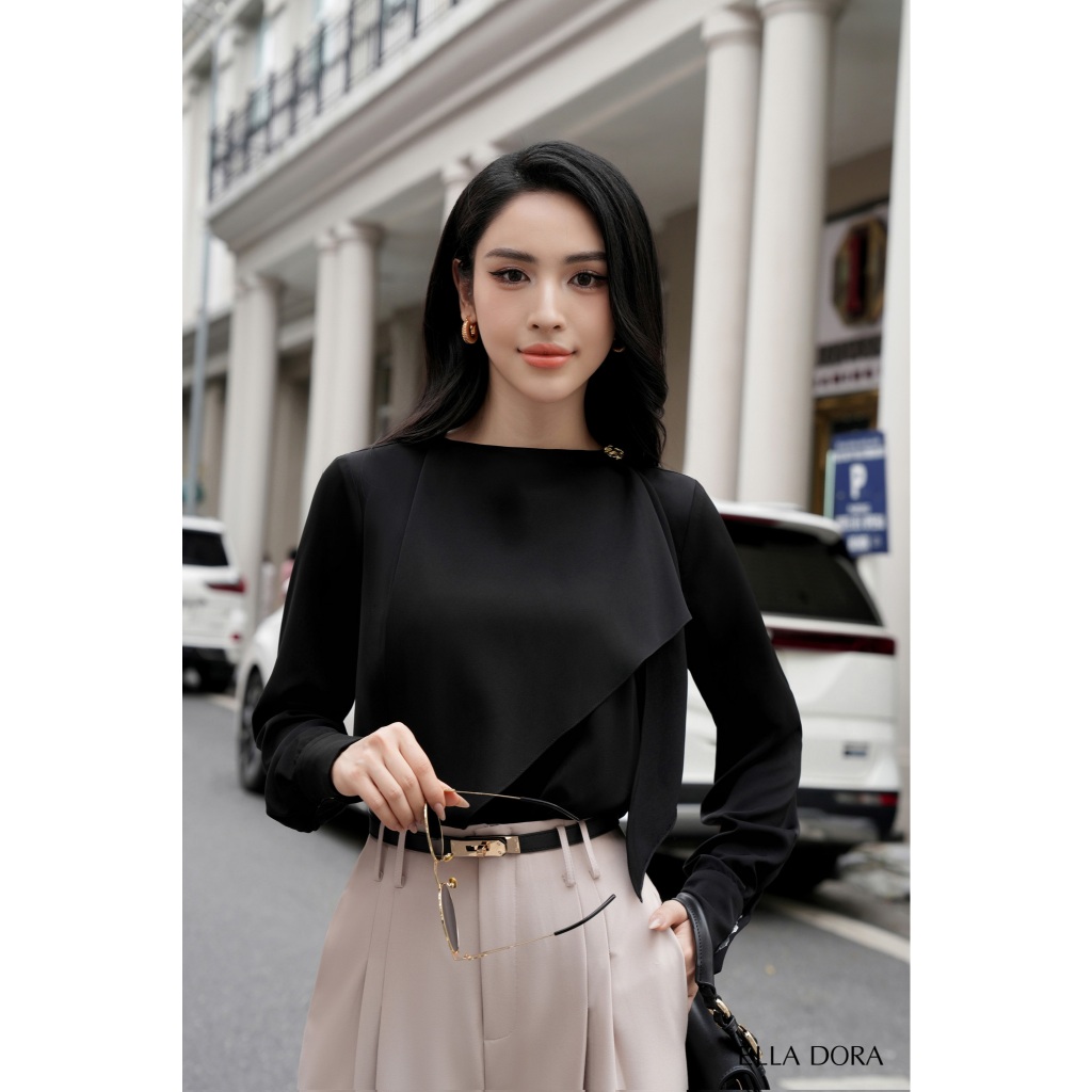 Áo sơ mi đen công sở cổ tròn 1 cúc vàng ELLA DORA form suông dài tay thanh lịch sang trọng  [SM131]