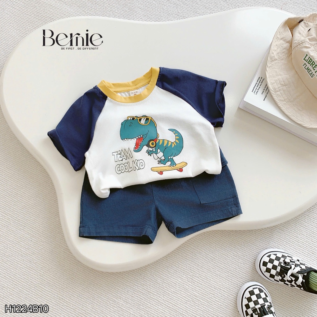 Bộ cotton in khủng long phối tay phối quần denim mềm bé trai, bộ cotton cổ tròn đi chơi cho bé