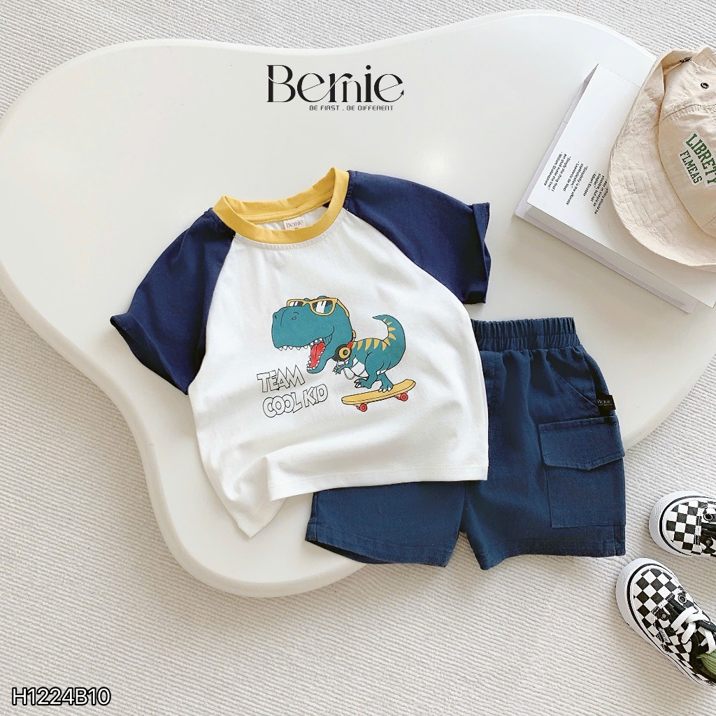 Bộ cotton in khủng long phối tay phối quần denim mềm bé trai, bộ cotton cổ tròn đi chơi cho bé