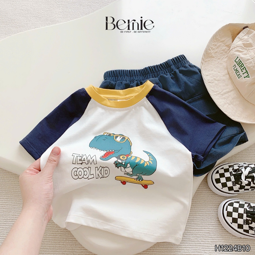 Bộ cotton in khủng long phối tay phối quần denim mềm bé trai, bộ cotton cổ tròn đi chơi cho bé