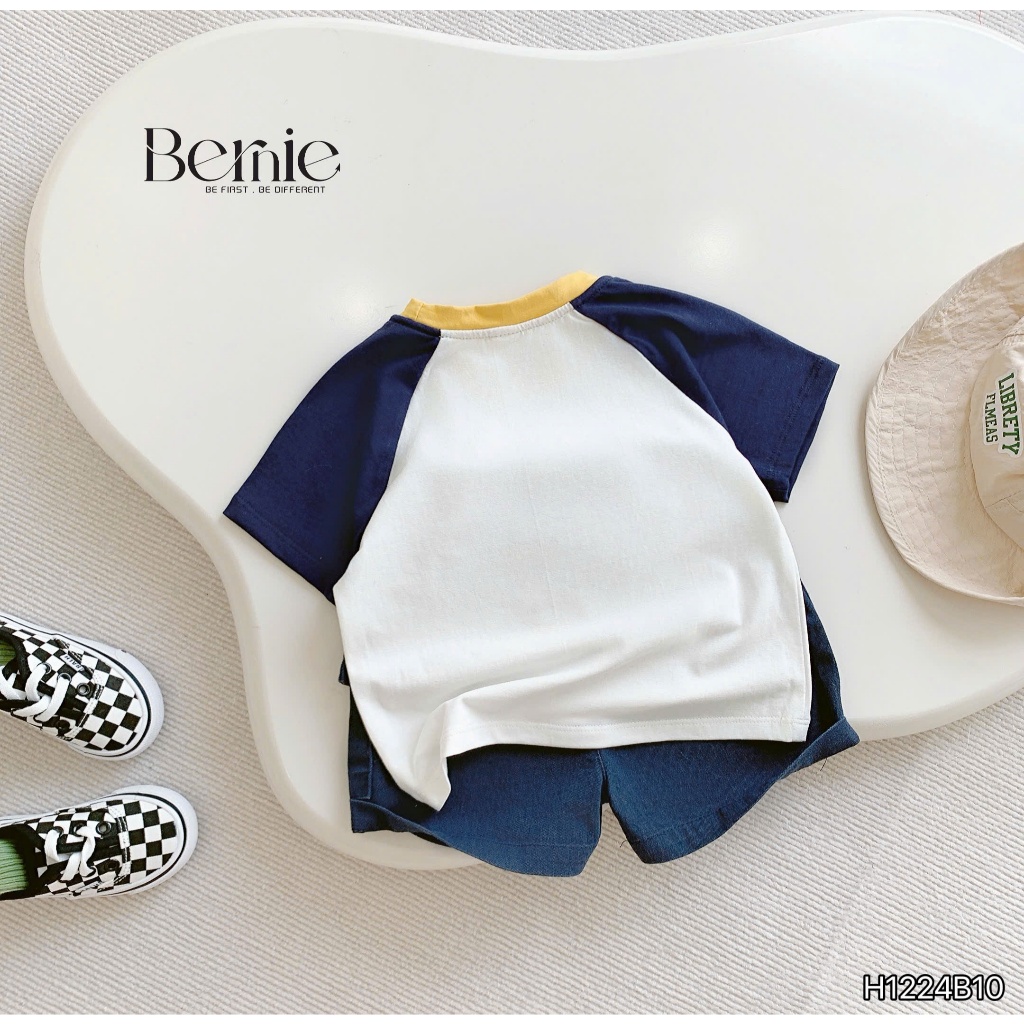 Bộ cotton in khủng long phối tay phối quần denim mềm bé trai, bộ cotton cổ tròn đi chơi cho bé