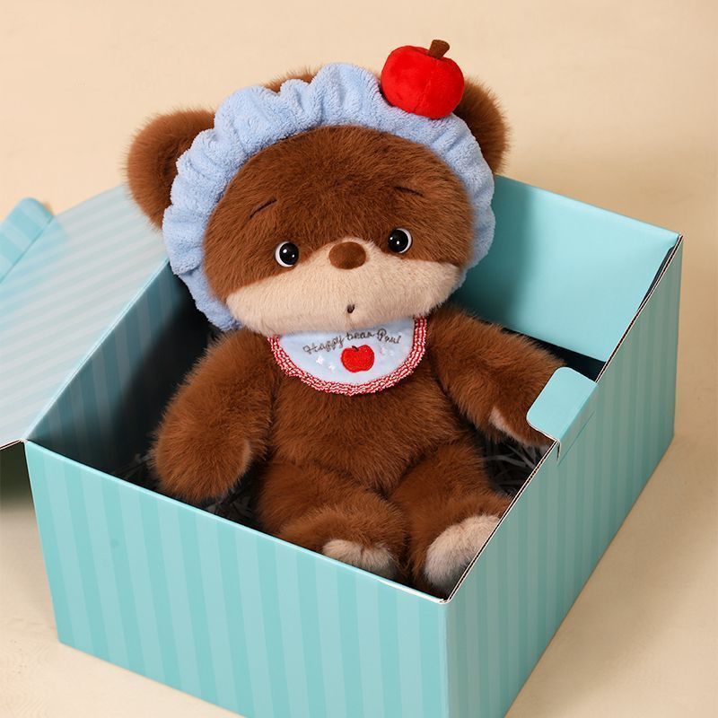 Gấu bông teddy gấu nâu đeo yếm đội mũ táo đỏ dễ thương chất liệu lông thỏ dài mềm mại