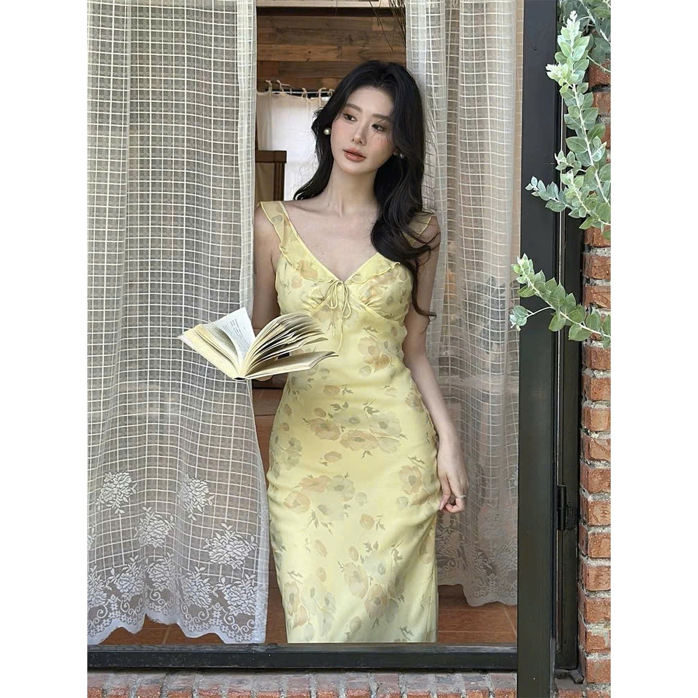 Đầm 2 Dây Dáng Dài Form Ôm Suông Nhẹ Viền Bèo Ngực Họa Tiết Hoa Vàng Đi Biển SAN Clothings - P126