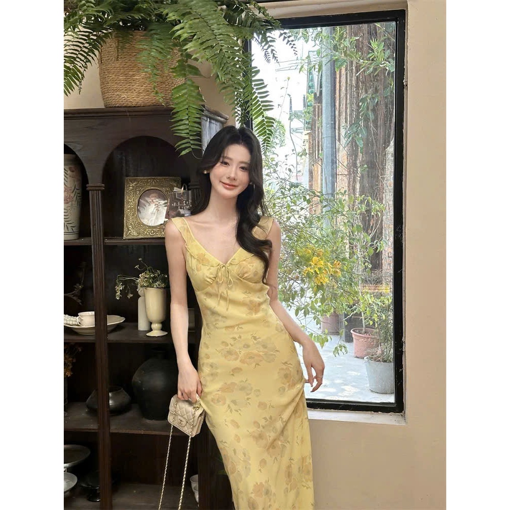 Đầm 2 Dây Dáng Dài Form Ôm Suông Nhẹ Viền Bèo Ngực Họa Tiết Hoa Vàng Đi Biển SAN Clothings - P126