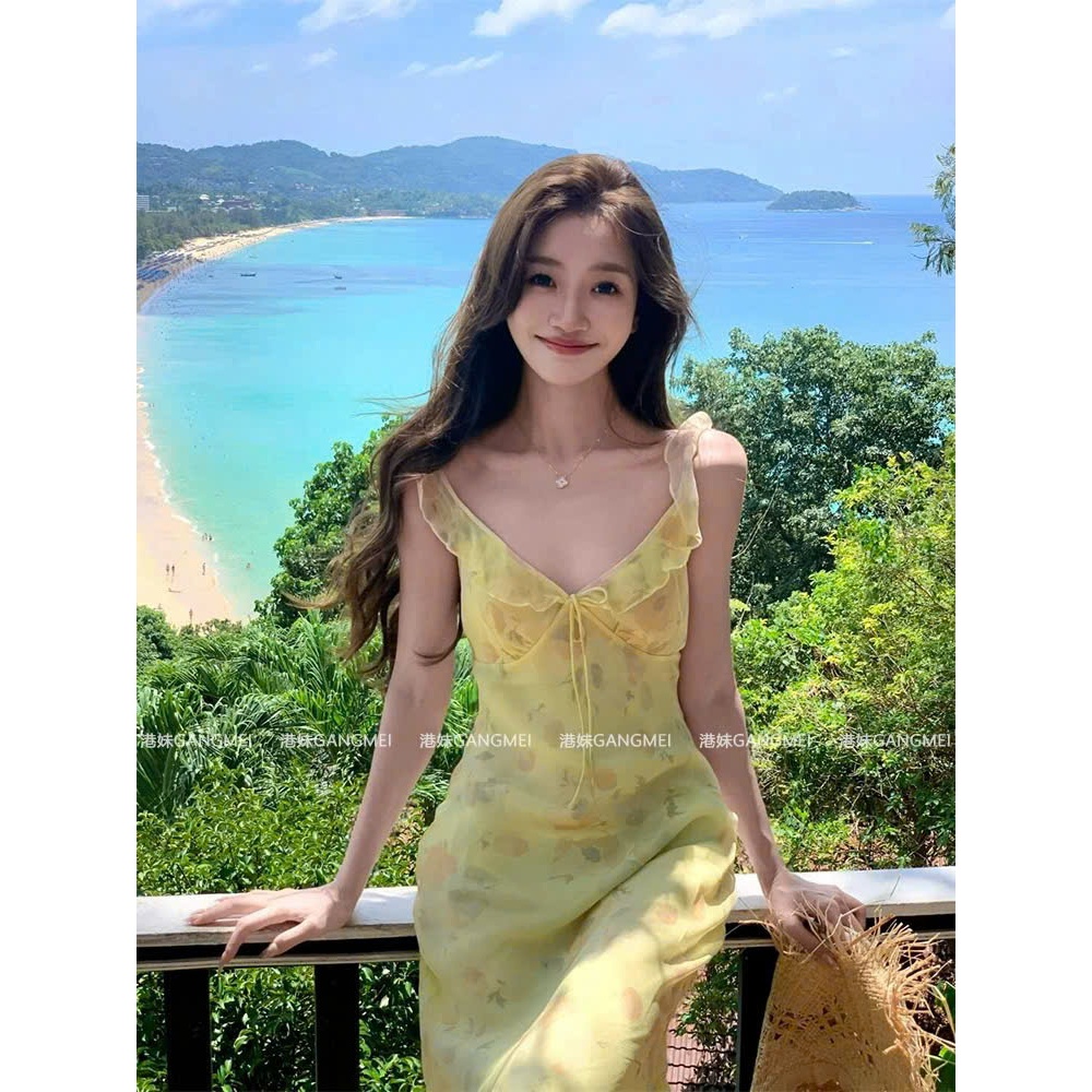 Đầm 2 Dây Dáng Dài Form Ôm Suông Nhẹ Viền Bèo Ngực Họa Tiết Hoa Vàng Đi Biển SAN Clothings - P126