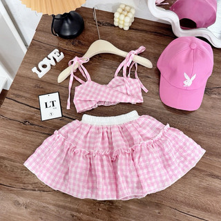 B7-Set áo dây caro bo chun phía sau phối chân váy cho bé gái size từ 8-30Kg