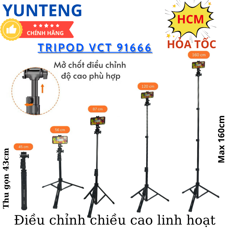 Gậy chụp ảnh điện thoại Yunteng VCT-91666 – Tripod 3 chân cao 1m6, gấp gọn 43cm, kèm remote Bluetooth chụp từ xa