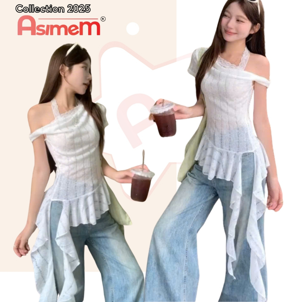 Áo Kiểu Nữ Chất Len Rách Cổ Yếm Dáng Dài Phối Tua Rua Asimem, Áo Thun ...