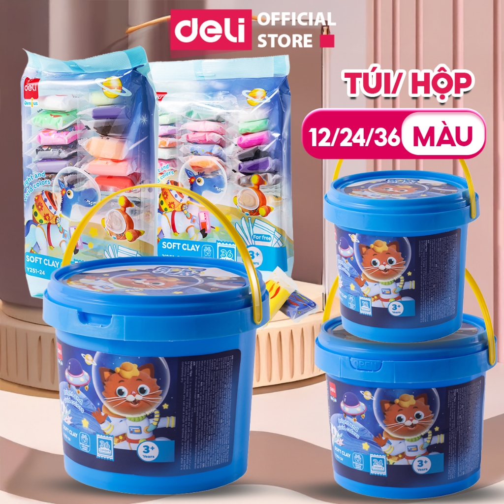 Đất Nặn Deli Mềm Mịn Cho Bé – 12/24/36 Màu Hộp Nhựa Có Quai Xách hoặc Túi Zip – Chất An Toàn, Không Gây Kích Ứng