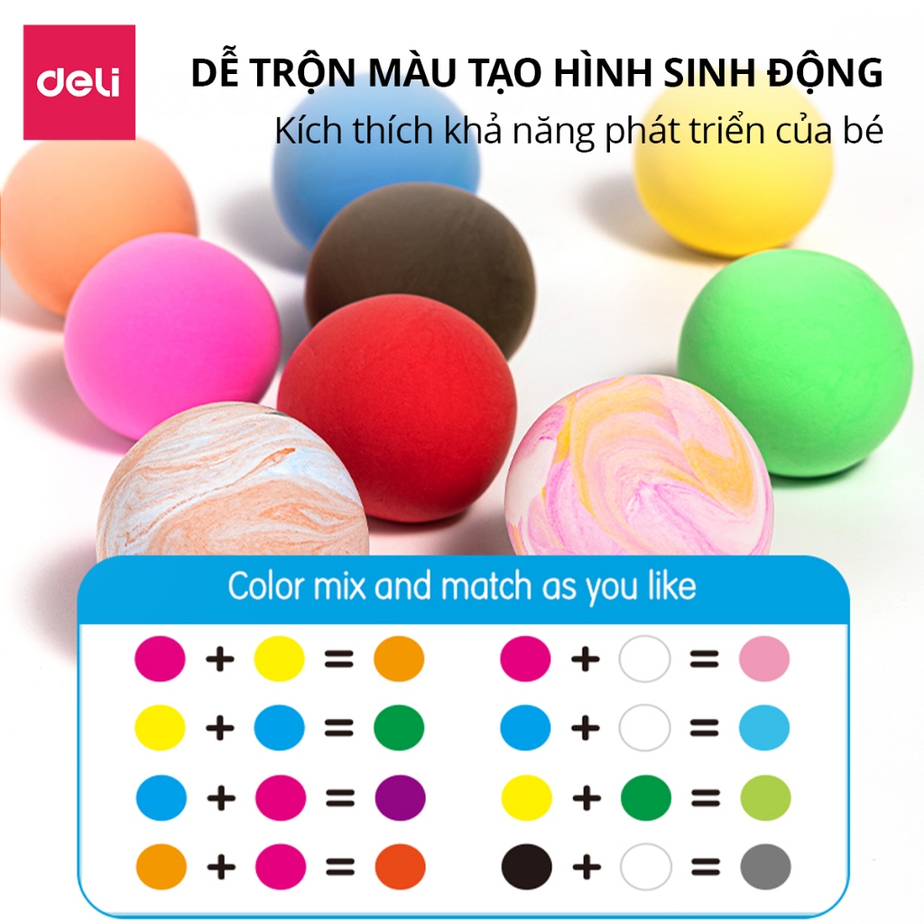 Đất Nặn Deli Mềm Mịn Cho Bé – 12/24/36 Màu Hộp Nhựa Có Quai Xách hoặc Túi Zip – Chất An Toàn, Không Gây Kích Ứng