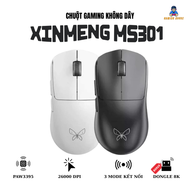 Chuột Gaming Bluetooth Không Dây Chip PAW3395 Xinmeng MS301 Siêu