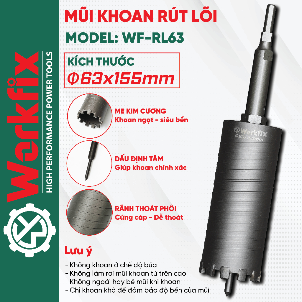 Mũi khoan rút lõi bê tông Workfix WF-RL63 Workfix 155mm chuôi ngắn & dài