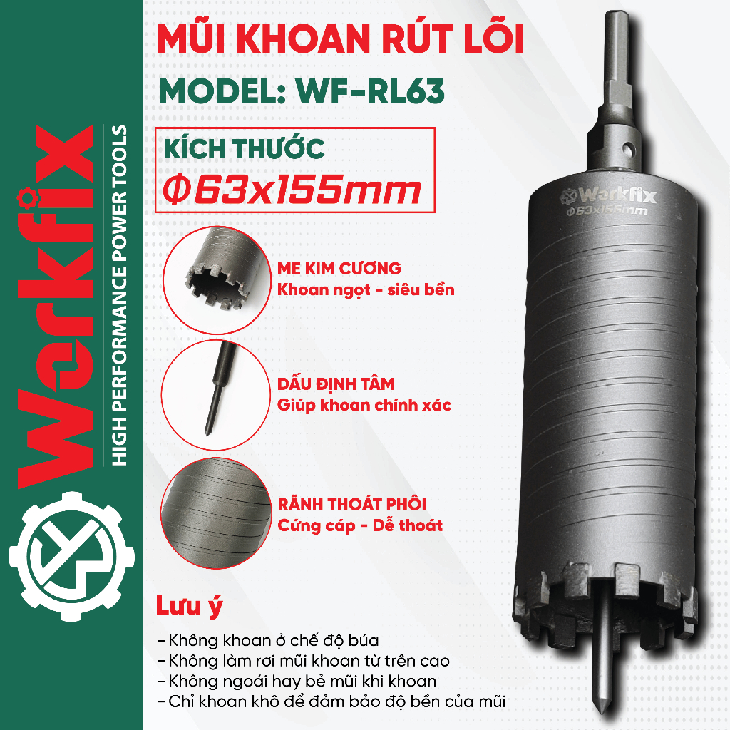Mũi khoan rút lõi bê tông Workfix WF-RL63 Workfix 155mm chuôi ngắn & dài