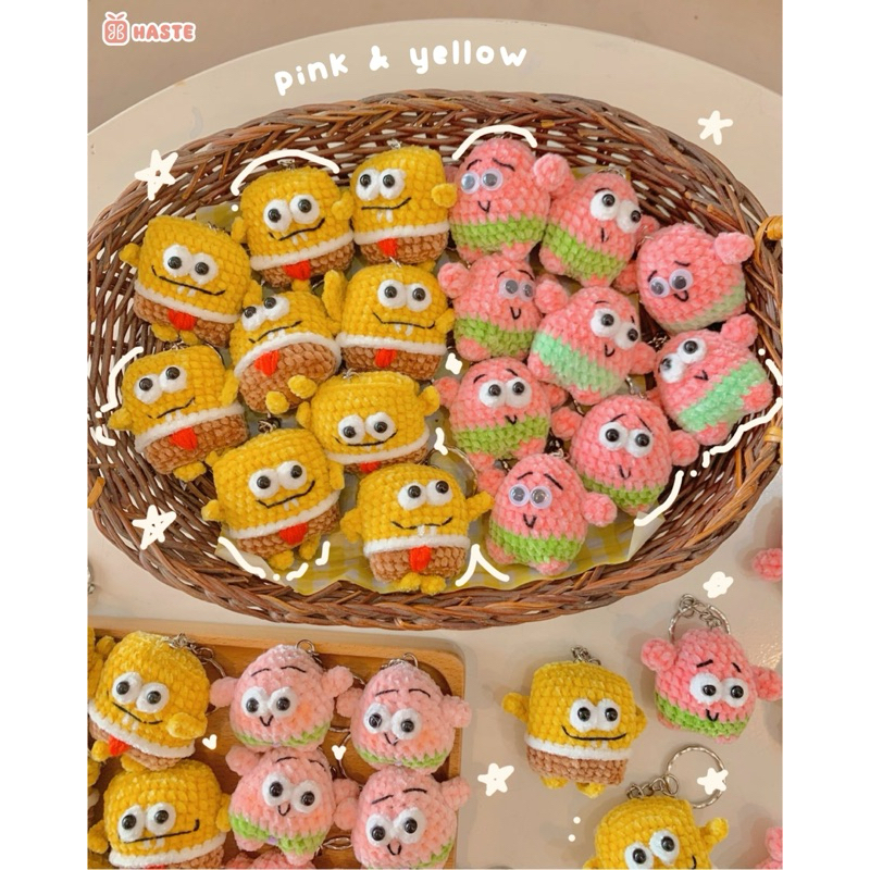 Móc Khoá Len Nhung SpongeBob Patrick Star Sao Biển Bọt Biển Màu Hồng