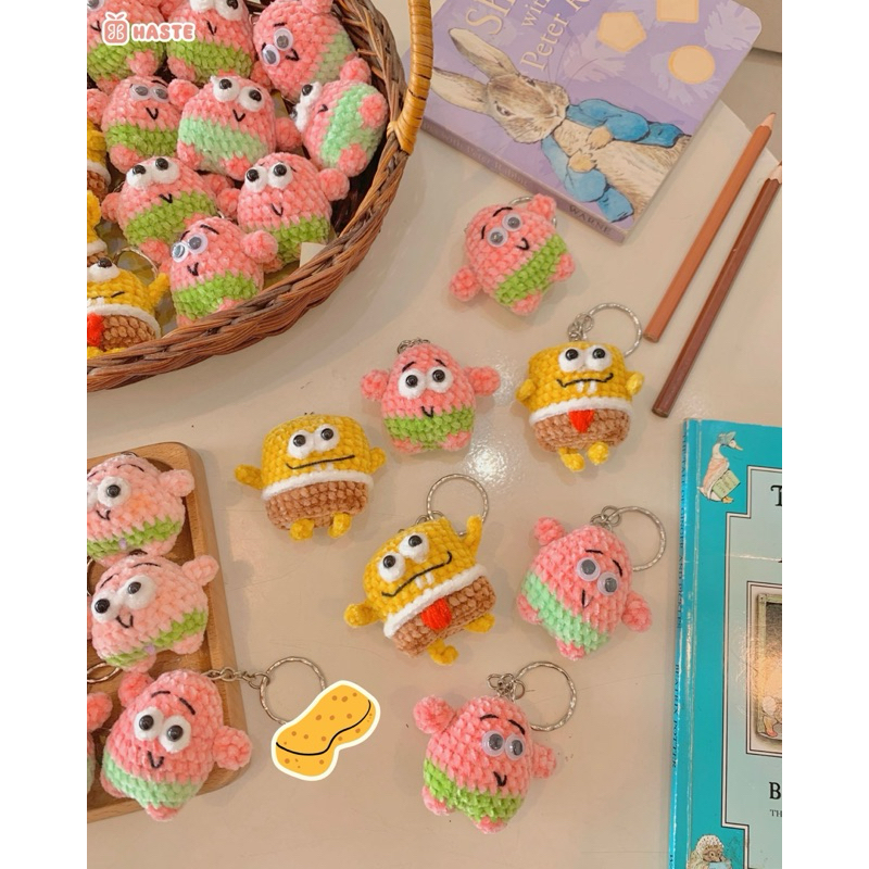 Móc Khoá Len Nhung SpongeBob Patrick Star Sao Biển Bọt Biển Màu Hồng