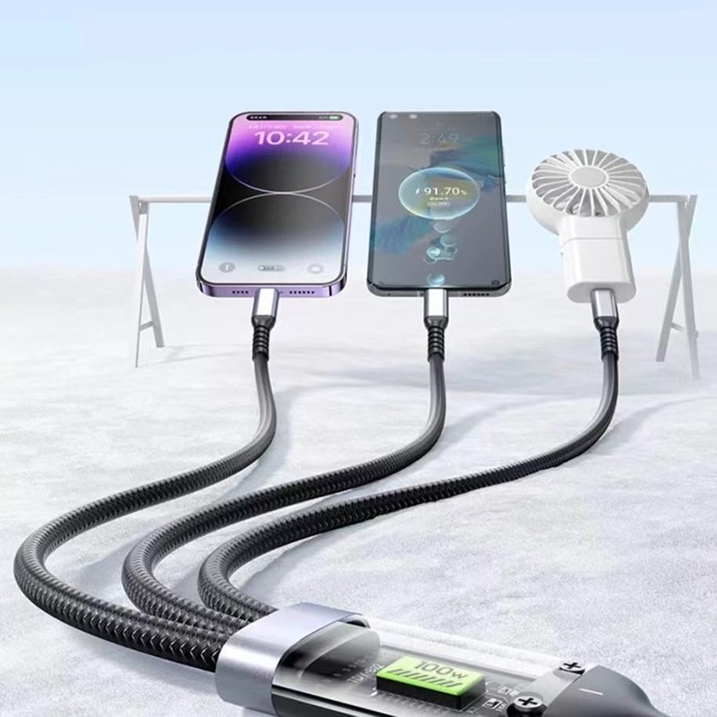 Dây Cáp Sạc Nhanh 3 Đầu 100W Hỗ Trợ Sạc Nhanh 3 Trong 1 dây bọc dù Chống Đứt, Chống Rối