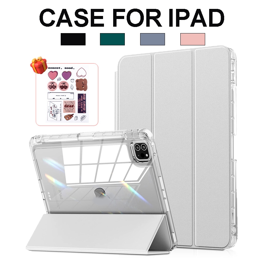 Bao da DIY IPad Chống Sốc Cao Cấp Màu Pastel Mặt Lưng Silicone Trong Mờ，Có Khay Đựng Bút,Cho iPad