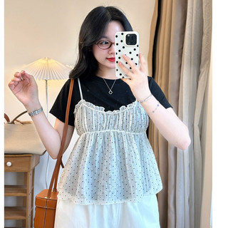 Set Áo Phông Trắng Mix Yếm Bèo Chấm Bi  247store Nữ Tính Dễ Thương