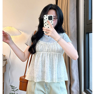 Set Áo Phông Trắng Mix Yếm Bèo Chấm Bi  247store Nữ Tính Dễ Thương