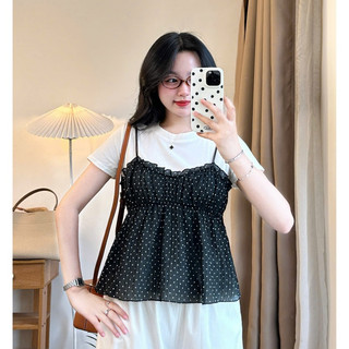 Set Áo Phông Trắng Mix Yếm Bèo Chấm Bi  247store Nữ Tính Dễ Thương