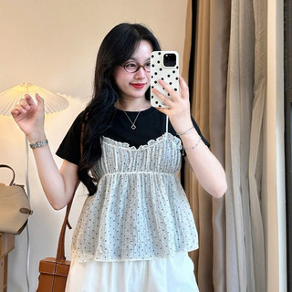 Set Áo Phông Trắng Mix Yếm Bèo Chấm Bi  247store Nữ Tính Dễ Thương