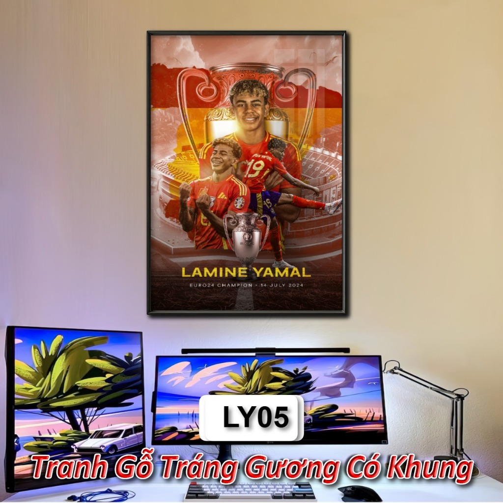 Tranh Ảnh Cầu Thủ Lamine Yamal Tráng Gương Khung Composite Decor Treo Tường Trang Trí