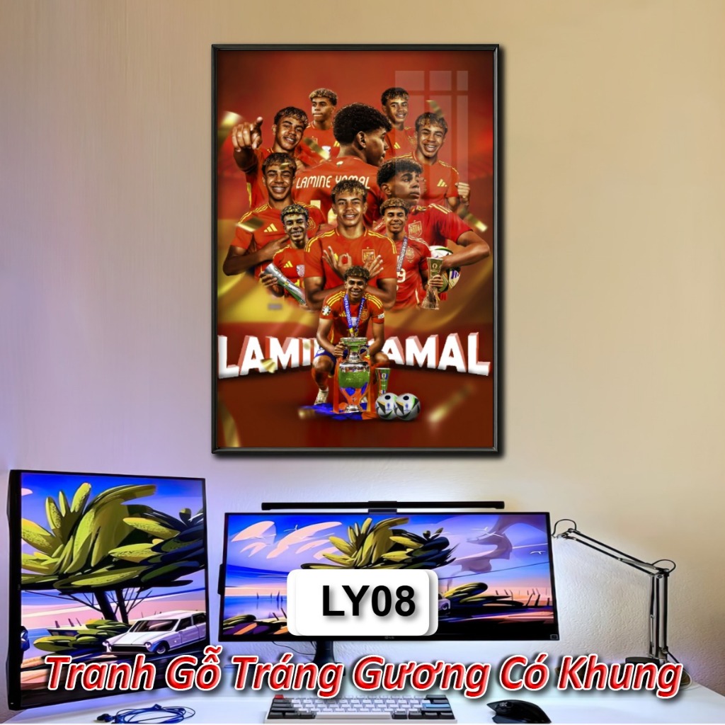 Tranh Ảnh Cầu Thủ Lamine Yamal Tráng Gương Khung Composite Decor Treo Tường Trang Trí