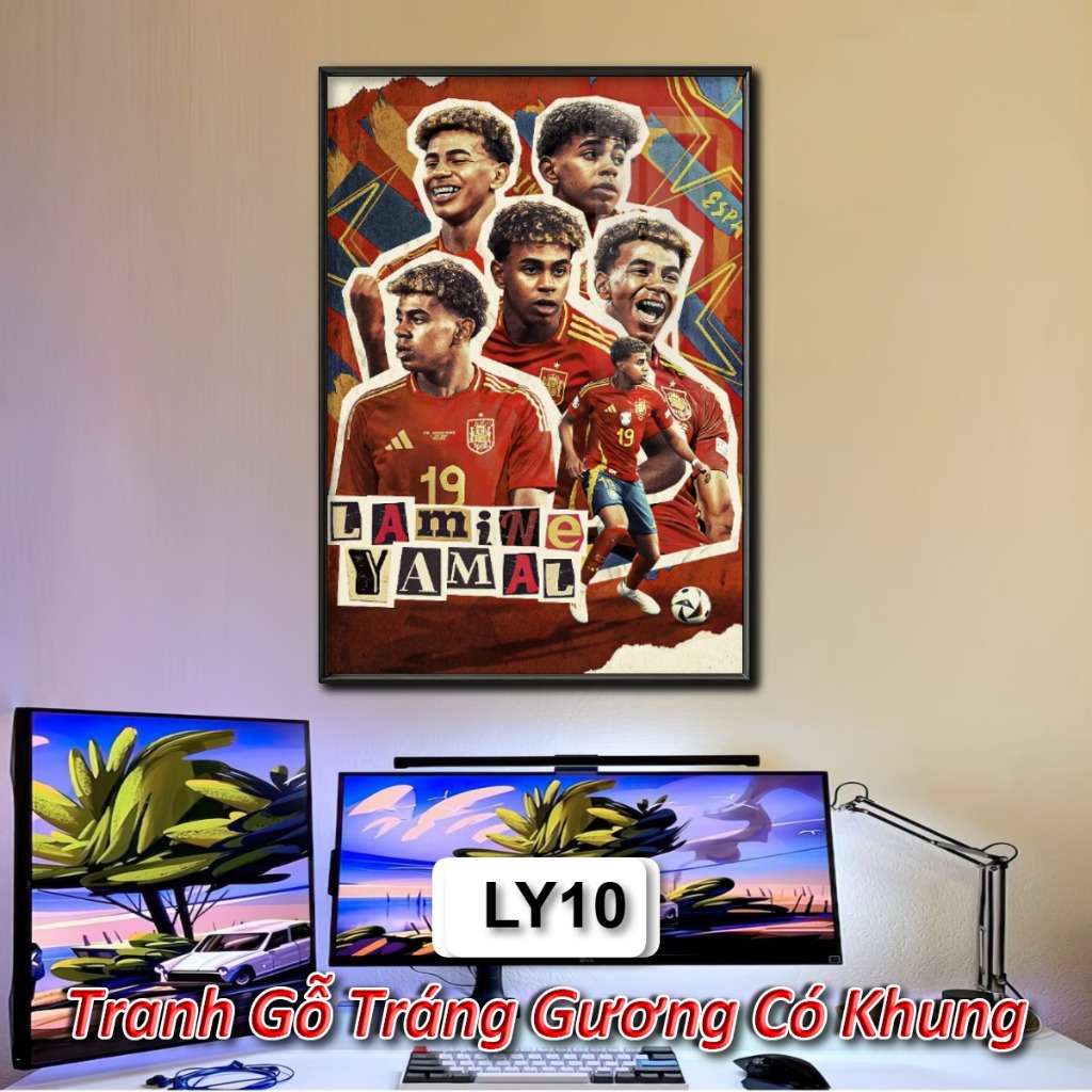 Tranh Ảnh Cầu Thủ Lamine Yamal Tráng Gương Khung Composite Decor Treo Tường Trang Trí
