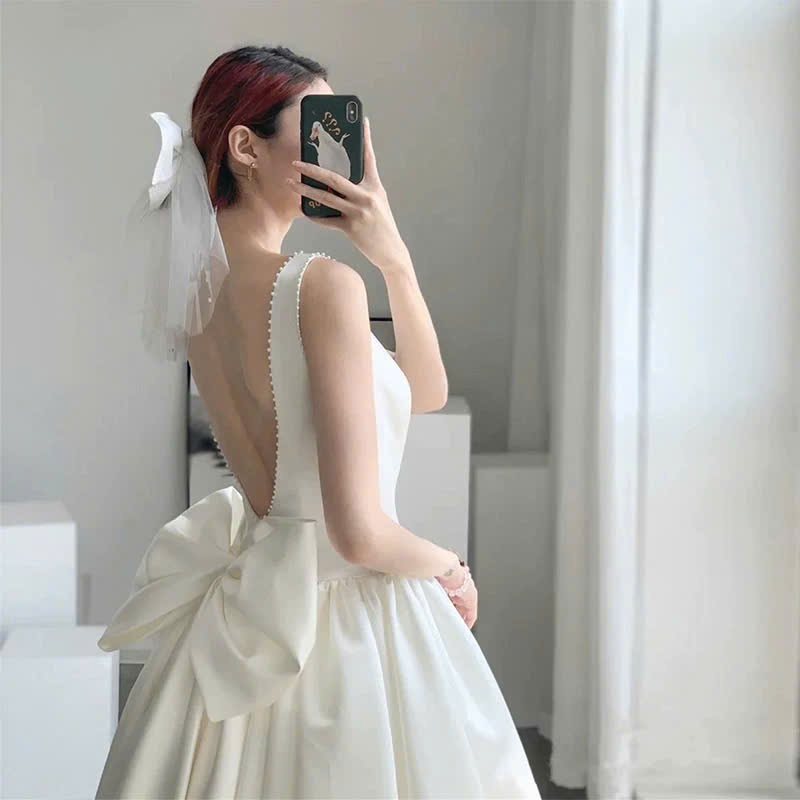 Đầm Xòe Dáng Dài Hở Lưng Đính Nơ – Chất Tapta Cao Cấp, Đầm Dự Tiệc Sang Chảnh