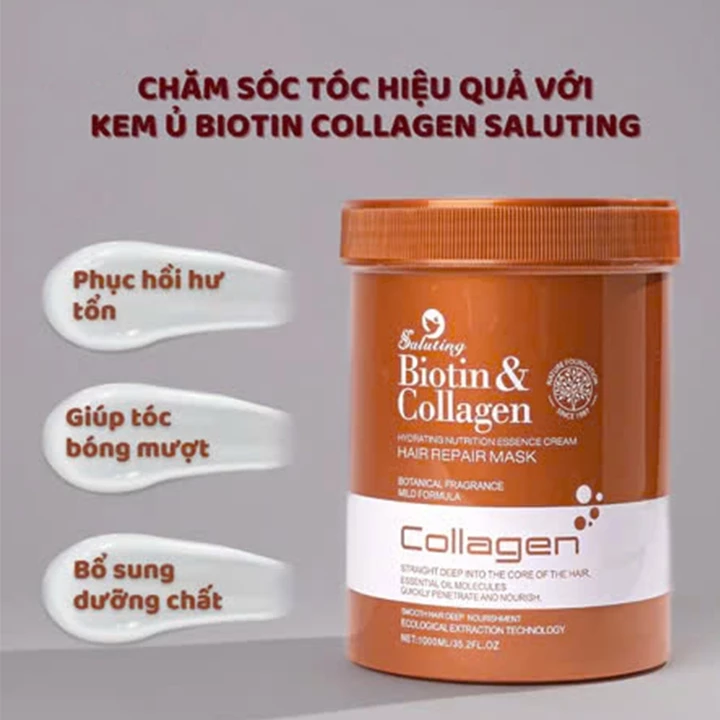 Kem ủ tóc hấp tóc BIOTIN COLLAGEN SALUTING 1000ML Dầu hấp Chăm sóc tóc siêu phục hồi tóc hư tổn