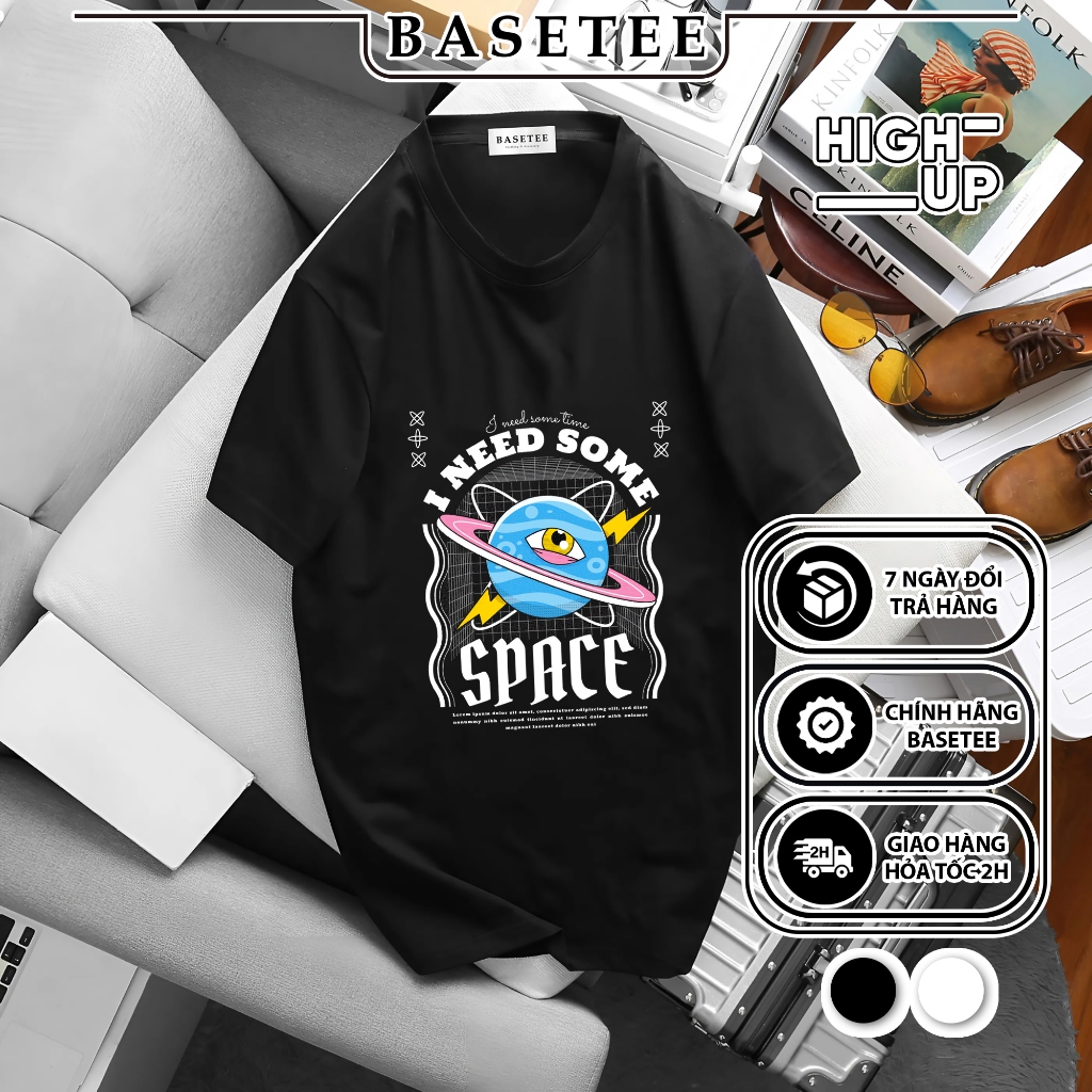 Áo thun đen High Up in hình Space co dãn thấm hút mồ hôi 40-100kg form rộng Basetee Unisex