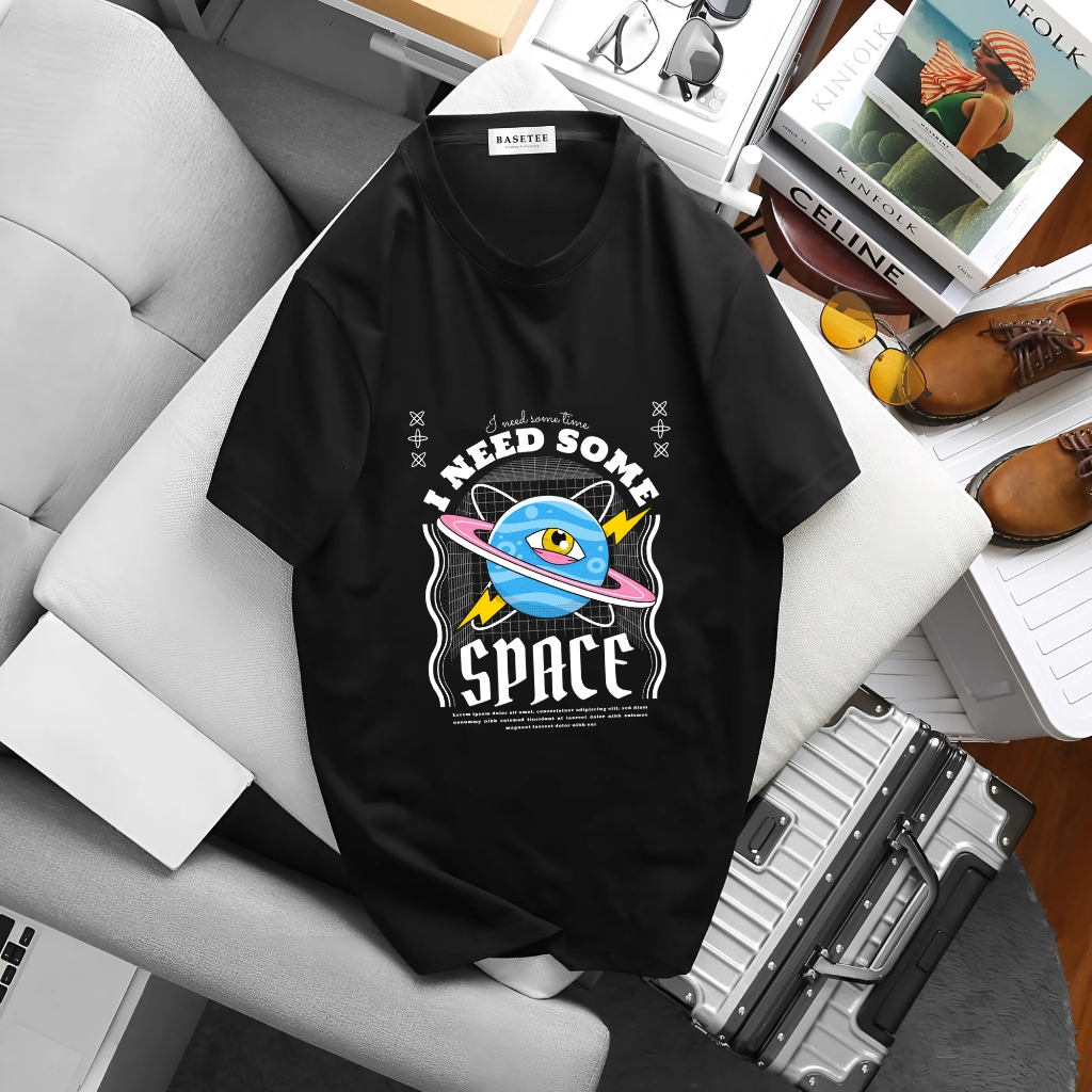Áo thun đen High Up in hình Space co dãn thấm hút mồ hôi 40-100kg form rộng Basetee Unisex