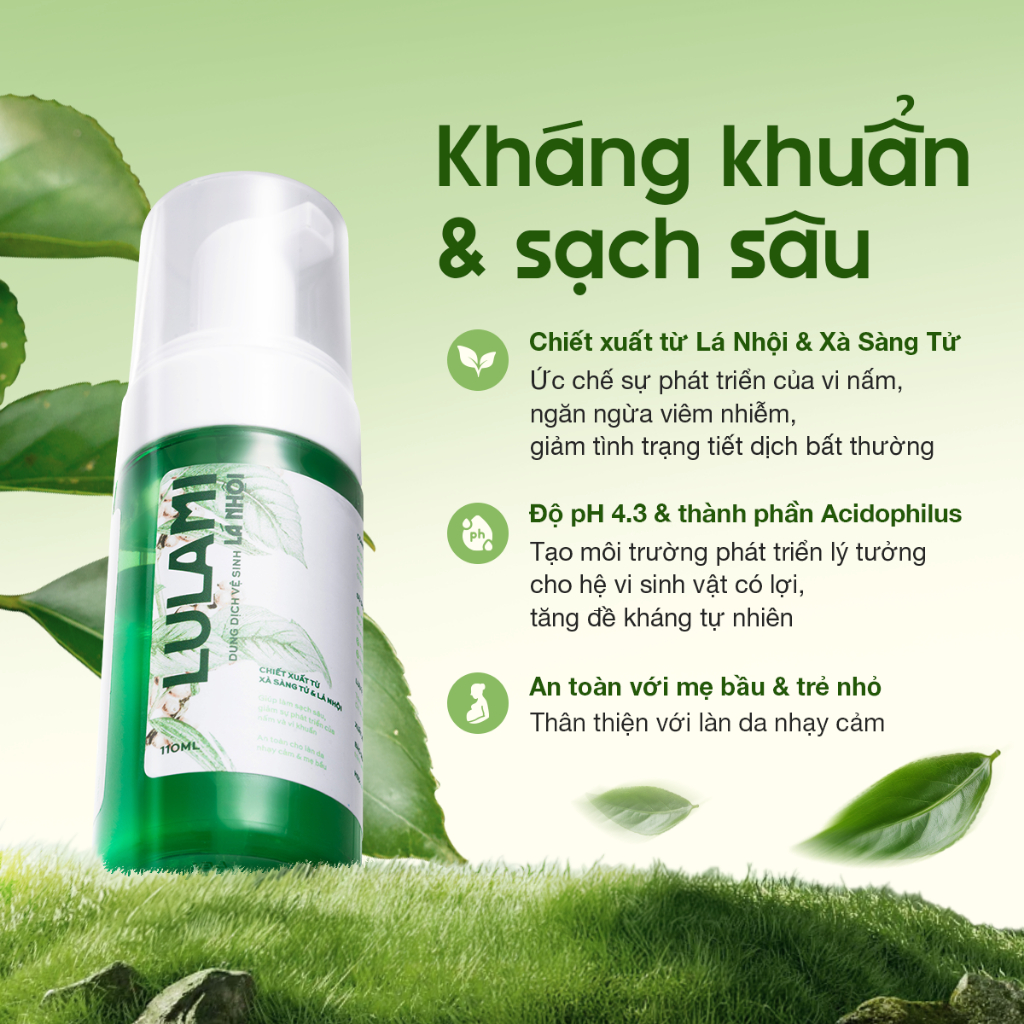 Dung dịch vệ sinh phụ nữ Lá Nhội LULAMI Kháng khuẩn và Sạch sâu Dạng bọt dung tích 110ml