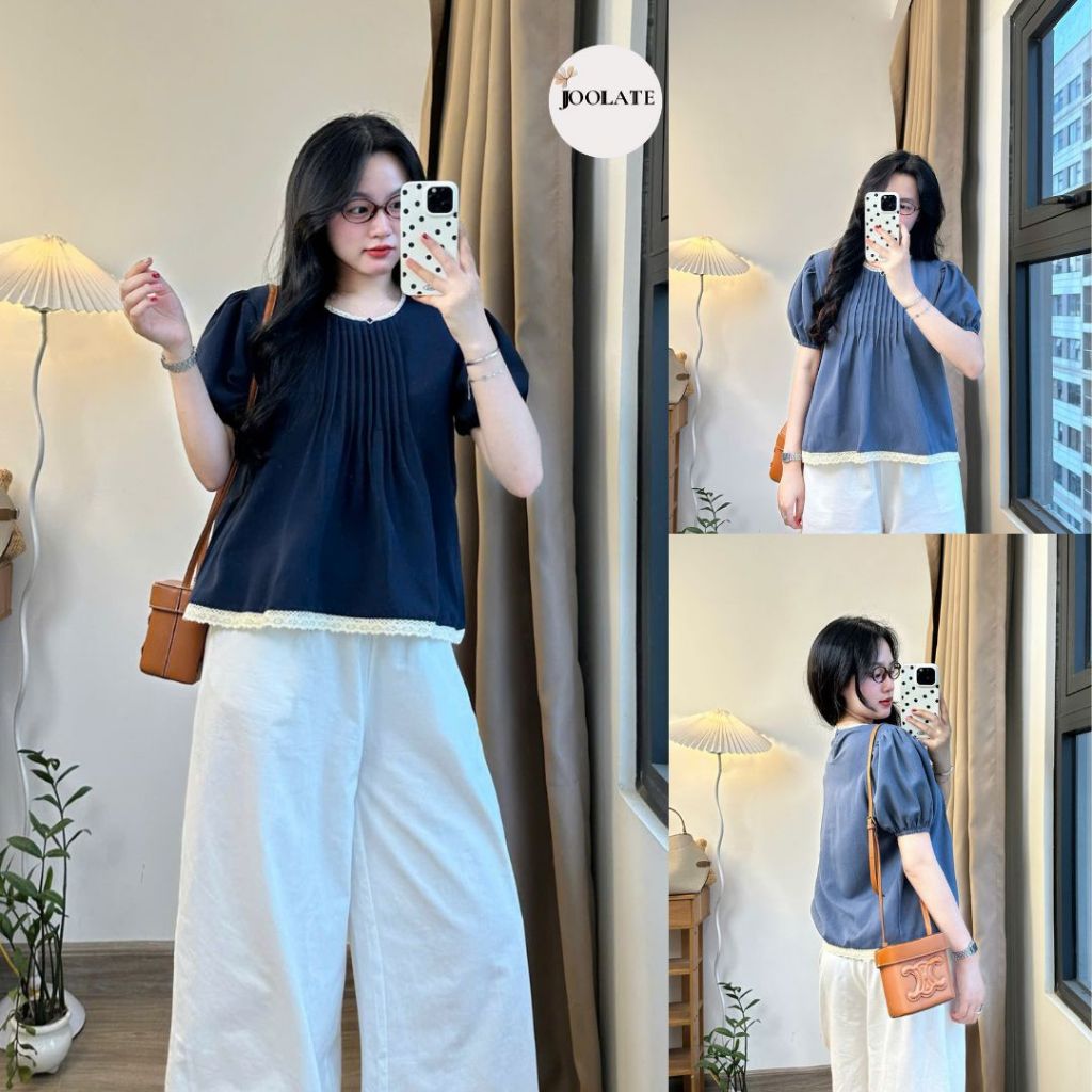 Áo sơ mi kiểu cổ tròn Joolate Áo babydoll xếp li ngực phối cổ ren chất mềm mát Bbdcoren3024_P13k16