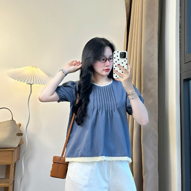 Áo sơ mi kiểu cổ tròn Joolate Áo babydoll xếp li ngực phối cổ ren chất mềm mát Bbdcoren3024_P13k16