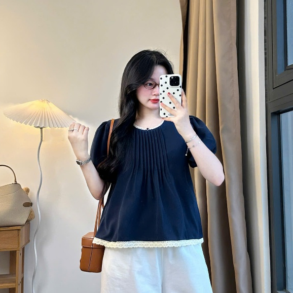Áo sơ mi kiểu cổ tròn Joolate Áo babydoll xếp li ngực phối cổ ren chất mềm mát Bbdcoren3024_P13k16