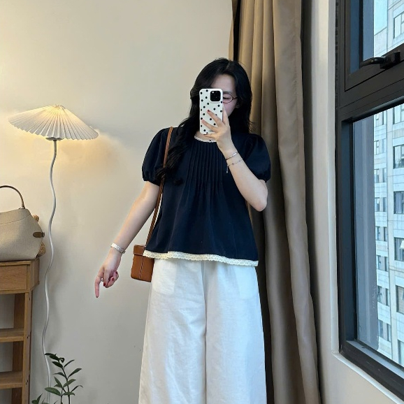 Áo sơ mi kiểu cổ tròn Joolate Áo babydoll xếp li ngực phối cổ ren chất mềm mát Bbdcoren3024_P13k16