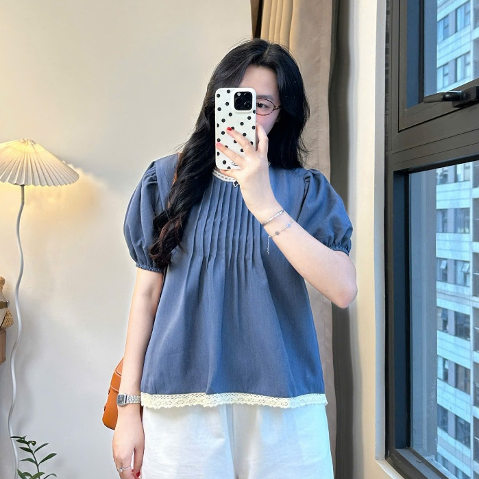 Áo sơ mi kiểu cổ tròn Joolate Áo babydoll xếp li ngực phối cổ ren chất mềm mát Bbdcoren3024_P13k16