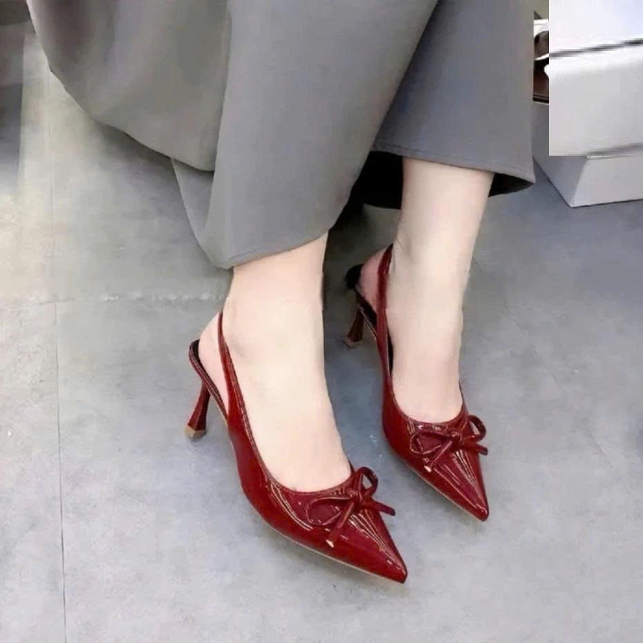 Giày Cao Gót Đính Nơ Quai Chun Da Bóng Cao Cấp, Gót Nhọn 7p, 9p Sang Chảnh - Cin Shoes