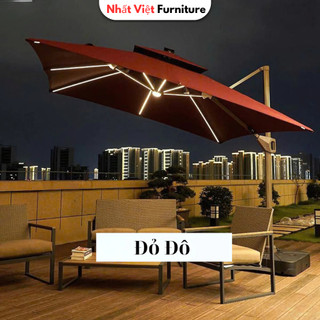 Ô Dù Lệch Tâm Vuông 3x3m Cao Cấp Có Đèn LED Thanh – Xoay 360° | Che Nắng Sân Vườn, Quán Cafe, Hồ Bơi