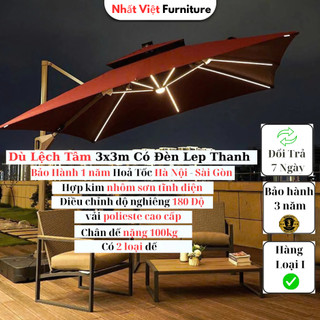 Ô Dù Lệch Tâm Vuông 3x3m Cao Cấp Có Đèn LED Thanh – Xoay 360° | Che Nắng Sân Vườn, Quán Cafe, Hồ Bơi