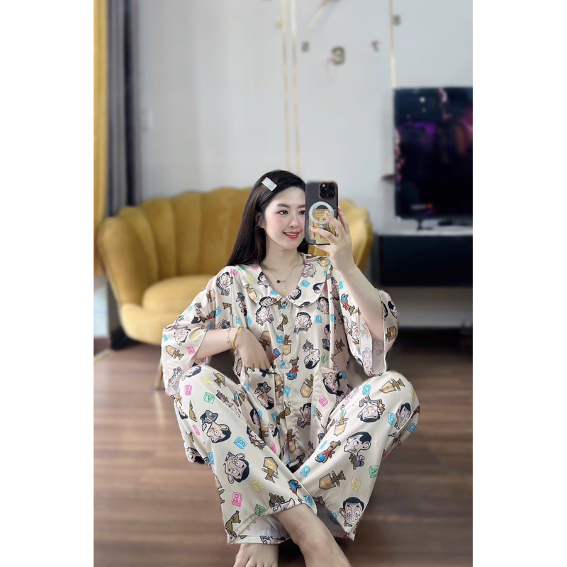 45-65kg bộ pijama cổ sen tay loe hoạ tiết vải latin mát mềm