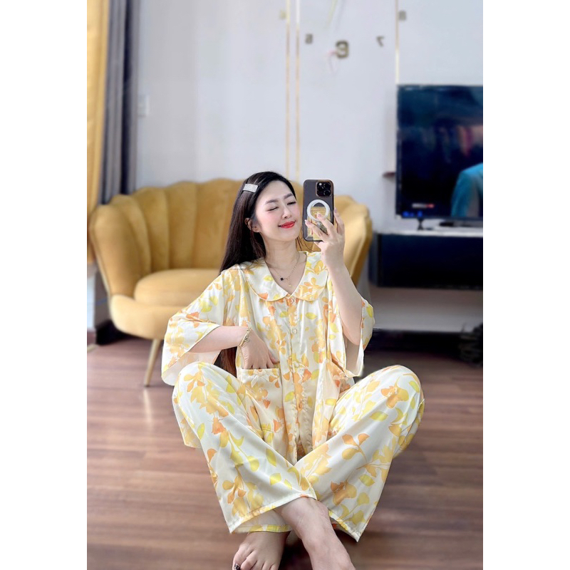 45-65kg bộ pijama cổ sen tay loe hoạ tiết vải latin mát mềm